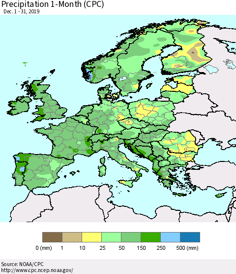 Europe Precipitation 1-Month (CPC) Thematic Map For 12/1/2019 - 12/31/2019