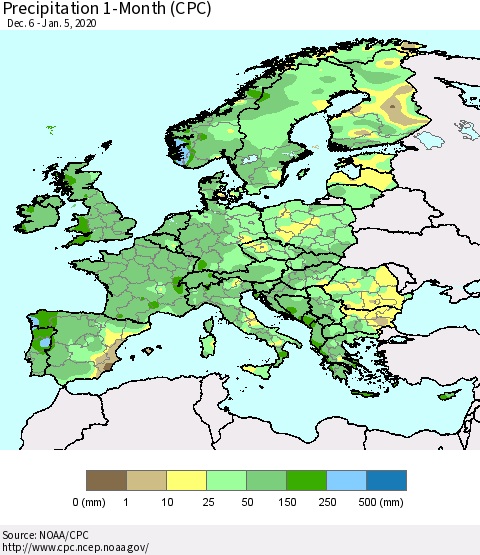 Europe Precipitation 1-Month (CPC) Thematic Map For 12/6/2019 - 1/5/2020