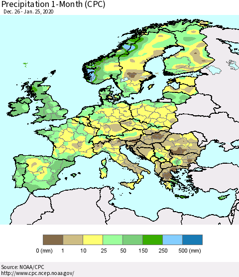 Europe Precipitation 1-Month (CPC) Thematic Map For 12/26/2019 - 1/25/2020