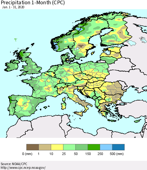 Europe Precipitation 1-Month (CPC) Thematic Map For 1/1/2020 - 1/31/2020