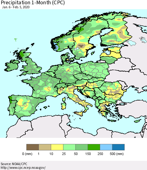 Europe Precipitation 1-Month (CPC) Thematic Map For 1/6/2020 - 2/5/2020