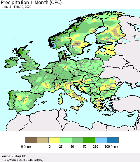 Europe Precipitation 1-Month (CPC) Thematic Map For 1/11/2020 - 2/10/2020