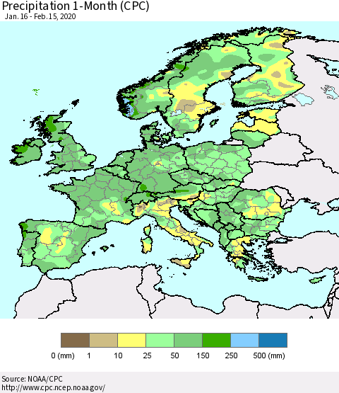 Europe Precipitation 1-Month (CPC) Thematic Map For 1/16/2020 - 2/15/2020