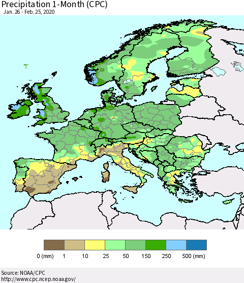 Europe Precipitation 1-Month (CPC) Thematic Map For 1/26/2020 - 2/25/2020