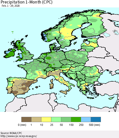 Europe Precipitation 1-Month (CPC) Thematic Map For 2/1/2020 - 2/29/2020