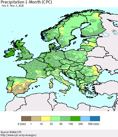 Europe Precipitation 1-Month (CPC) Thematic Map For 2/6/2020 - 3/5/2020