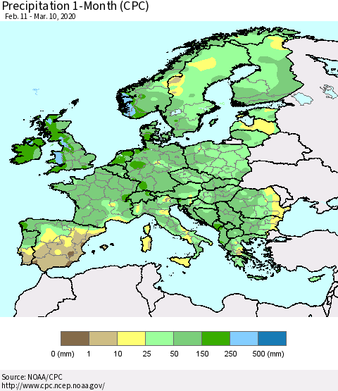 Europe Precipitation 1-Month (CPC) Thematic Map For 2/11/2020 - 3/10/2020