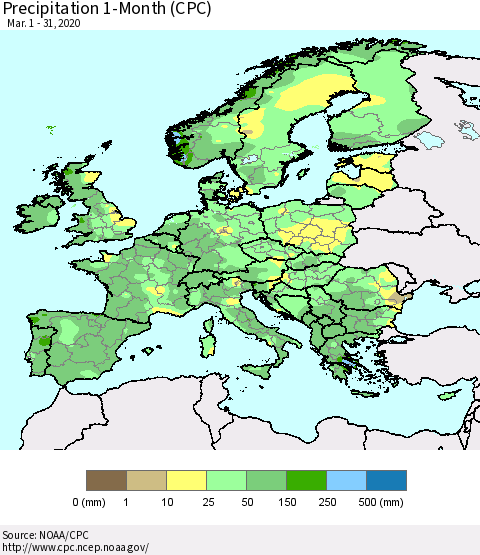 Europe Precipitation 1-Month (CPC) Thematic Map For 3/1/2020 - 3/31/2020
