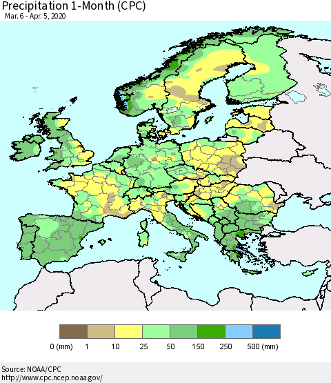 Europe Precipitation 1-Month (CPC) Thematic Map For 3/6/2020 - 4/5/2020