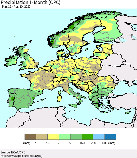 Europe Precipitation 1-Month (CPC) Thematic Map For 3/11/2020 - 4/10/2020