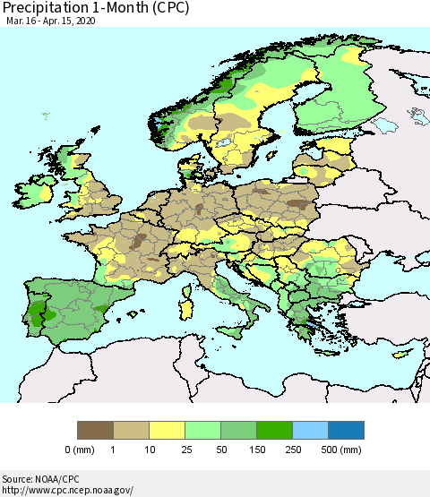 Europe Precipitation 1-Month (CPC) Thematic Map For 3/16/2020 - 4/15/2020