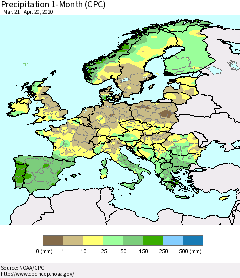 Europe Precipitation 1-Month (CPC) Thematic Map For 3/21/2020 - 4/20/2020