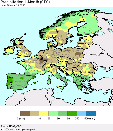 Europe Precipitation 1-Month (CPC) Thematic Map For 3/26/2020 - 4/25/2020