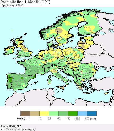 Europe Precipitation 1-Month (CPC) Thematic Map For 4/6/2020 - 5/5/2020