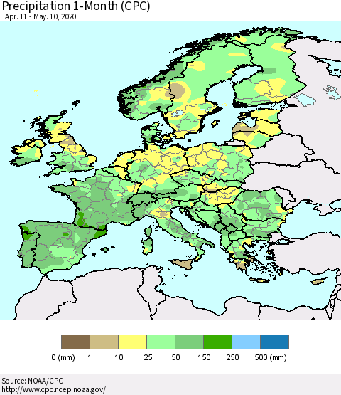 Europe Precipitation 1-Month (CPC) Thematic Map For 4/11/2020 - 5/10/2020