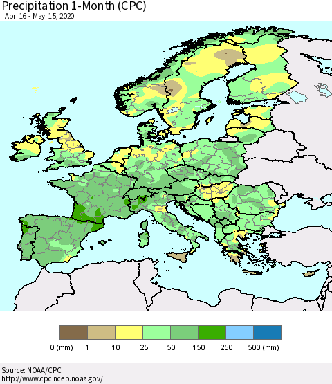 Europe Precipitation 1-Month (CPC) Thematic Map For 4/16/2020 - 5/15/2020