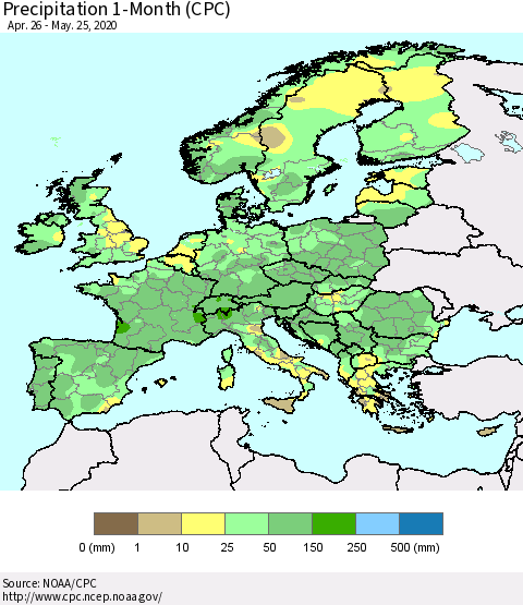 Europe Precipitation 1-Month (CPC) Thematic Map For 4/26/2020 - 5/25/2020