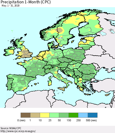 Europe Precipitation 1-Month (CPC) Thematic Map For 5/1/2020 - 5/31/2020
