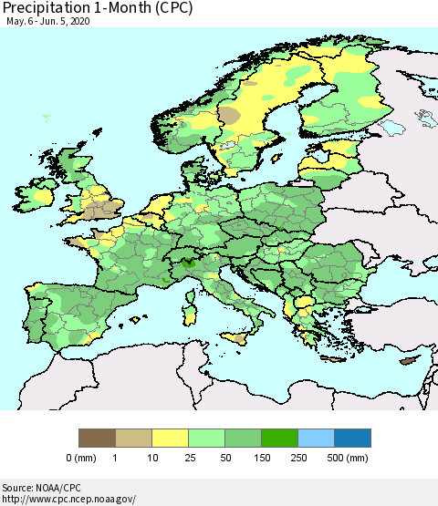 Europe Precipitation 1-Month (CPC) Thematic Map For 5/6/2020 - 6/5/2020
