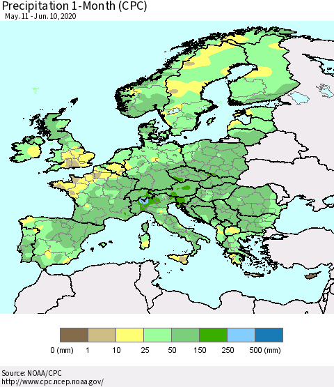 Europe Precipitation 1-Month (CPC) Thematic Map For 5/11/2020 - 6/10/2020