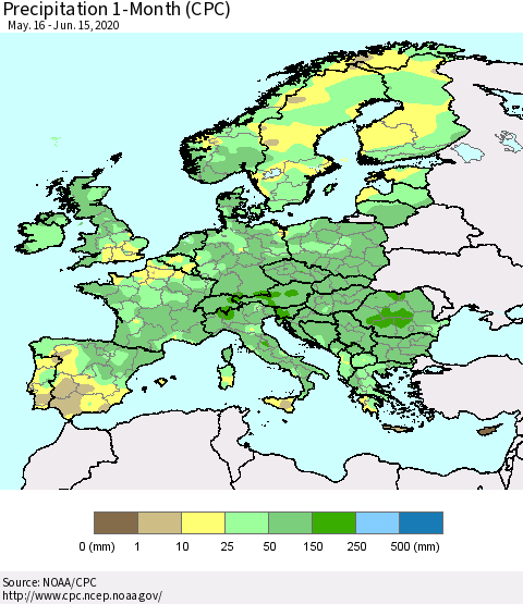 Europe Precipitation 1-Month (CPC) Thematic Map For 5/16/2020 - 6/15/2020