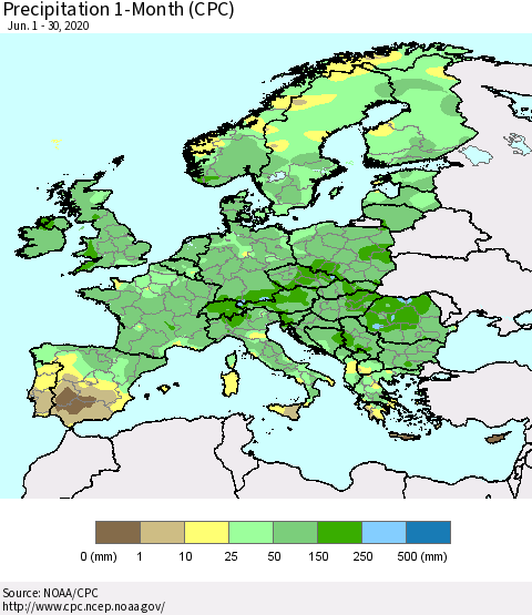 Europe Precipitation 1-Month (CPC) Thematic Map For 6/1/2020 - 6/30/2020