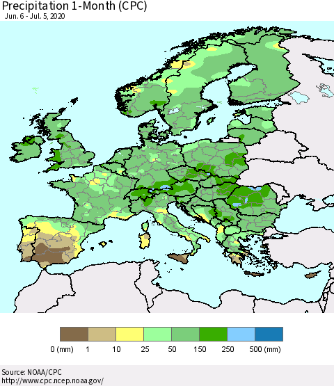 Europe Precipitation 1-Month (CPC) Thematic Map For 6/6/2020 - 7/5/2020