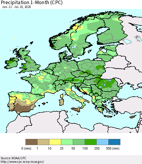 Europe Precipitation 1-Month (CPC) Thematic Map For 6/11/2020 - 7/10/2020
