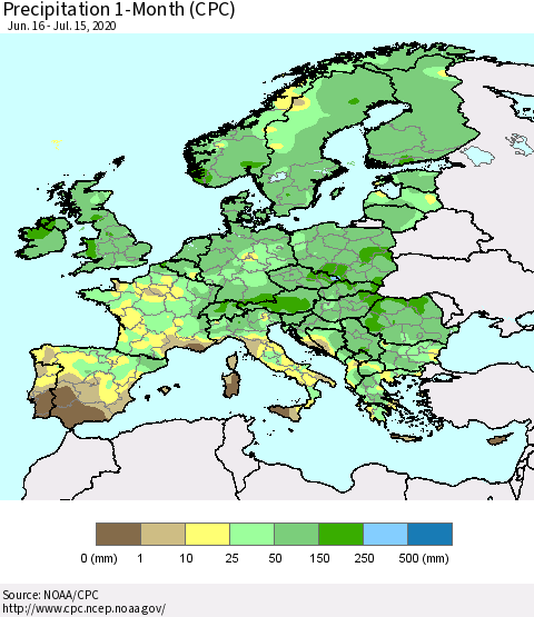 Europe Precipitation 1-Month (CPC) Thematic Map For 6/16/2020 - 7/15/2020