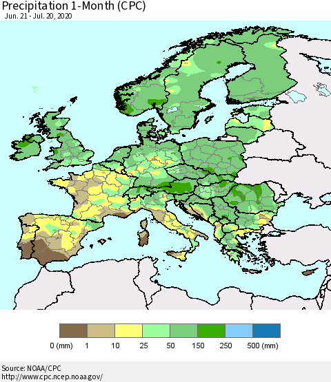 Europe Precipitation 1-Month (CPC) Thematic Map For 6/21/2020 - 7/20/2020