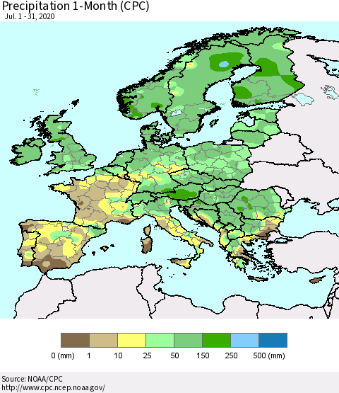 Europe Precipitation 1-Month (CPC) Thematic Map For 7/1/2020 - 7/31/2020