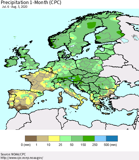 Europe Precipitation 1-Month (CPC) Thematic Map For 7/6/2020 - 8/5/2020