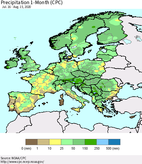 Europe Precipitation 1-Month (CPC) Thematic Map For 7/16/2020 - 8/15/2020