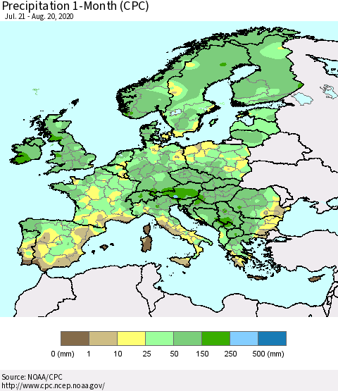 Europe Precipitation 1-Month (CPC) Thematic Map For 7/21/2020 - 8/20/2020