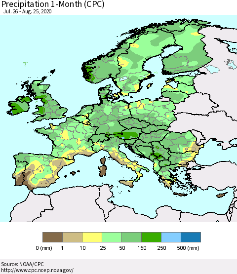 Europe Precipitation 1-Month (CPC) Thematic Map For 7/26/2020 - 8/25/2020