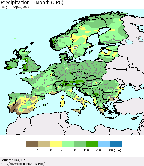 Europe Precipitation 1-Month (CPC) Thematic Map For 8/6/2020 - 9/5/2020