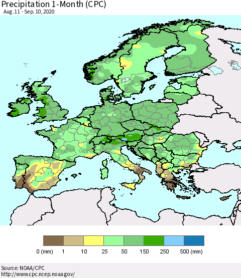 Europe Precipitation 1-Month (CPC) Thematic Map For 8/11/2020 - 9/10/2020