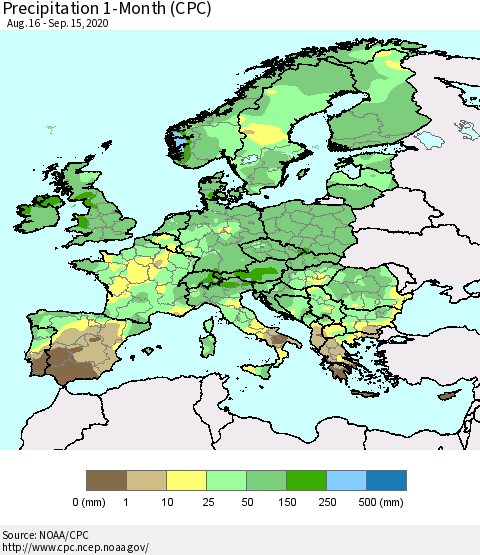 Europe Precipitation 1-Month (CPC) Thematic Map For 8/16/2020 - 9/15/2020