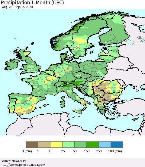 Europe Precipitation 1-Month (CPC) Thematic Map For 8/26/2020 - 9/25/2020