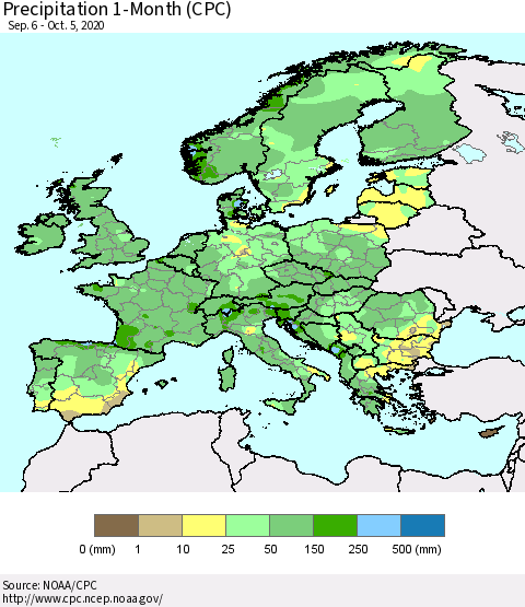 Europe Precipitation 1-Month (CPC) Thematic Map For 9/6/2020 - 10/5/2020