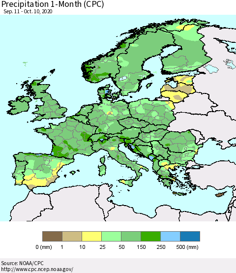 Europe Precipitation 1-Month (CPC) Thematic Map For 9/11/2020 - 10/10/2020