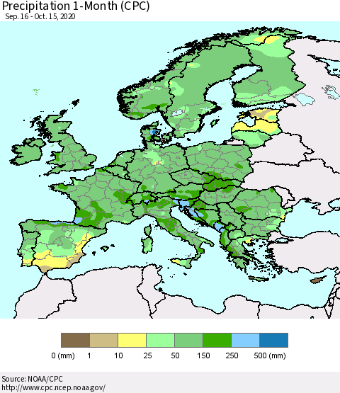 Europe Precipitation 1-Month (CPC) Thematic Map For 9/16/2020 - 10/15/2020