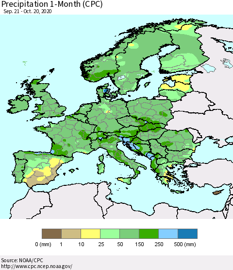 Europe Precipitation 1-Month (CPC) Thematic Map For 9/21/2020 - 10/20/2020