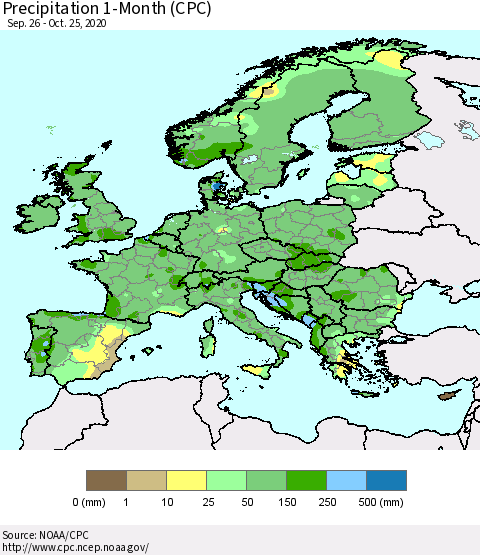 Europe Precipitation 1-Month (CPC) Thematic Map For 9/26/2020 - 10/25/2020