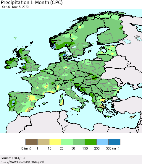 Europe Precipitation 1-Month (CPC) Thematic Map For 10/6/2020 - 11/5/2020