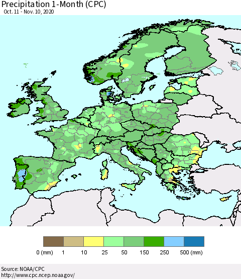 Europe Precipitation 1-Month (CPC) Thematic Map For 10/11/2020 - 11/10/2020