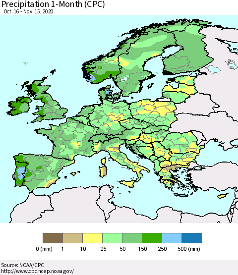 Europe Precipitation 1-Month (CPC) Thematic Map For 10/16/2020 - 11/15/2020