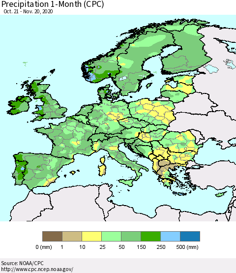 Europe Precipitation 1-Month (CPC) Thematic Map For 10/21/2020 - 11/20/2020