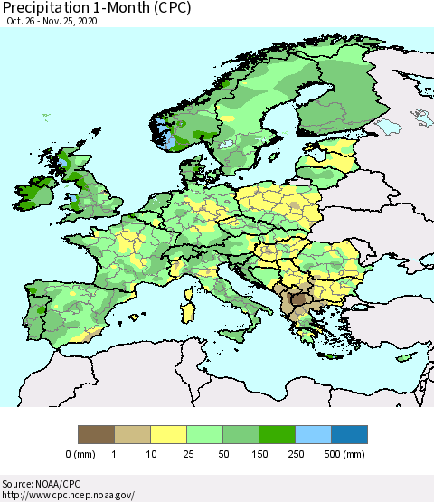 Europe Precipitation 1-Month (CPC) Thematic Map For 10/26/2020 - 11/25/2020