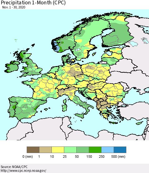 Europe Precipitation 1-Month (CPC) Thematic Map For 11/1/2020 - 11/30/2020